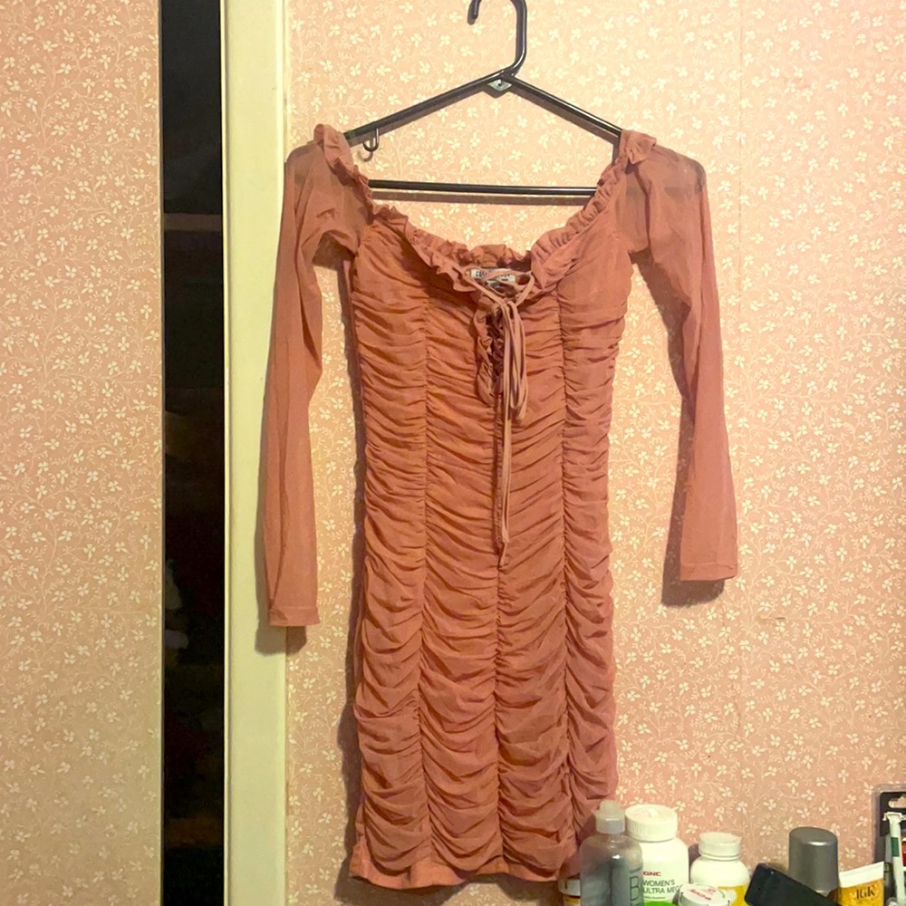 Cute pink ruched mesh mini dress